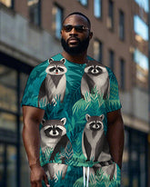 Men's Big Size Fashion Forest Raccoon Printed Casual Short Sleeve T-Shirt and Shorts Set